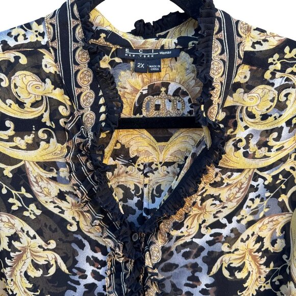 ECI New York Womens Ruffle Trim Black Gold Baroque Glam Leopard Print Blouse 2X - Picture 6 of 9
